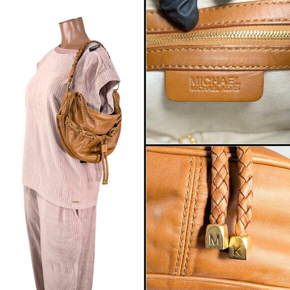 Michael Kors Nolita Tan Leather Braided Hobo Zip Boho Festival Shoulder Bag - Picture 9 of 9